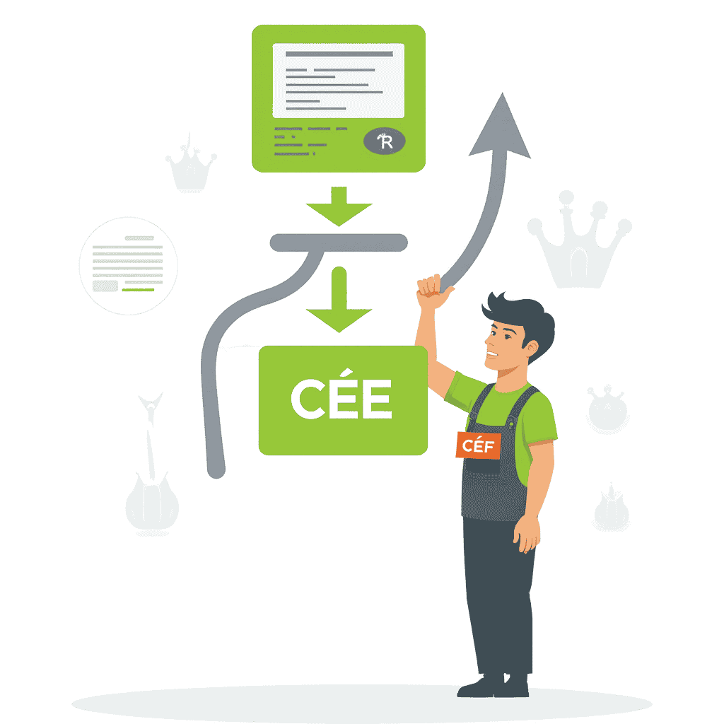 Schéma processus certification CÉE avec personnage