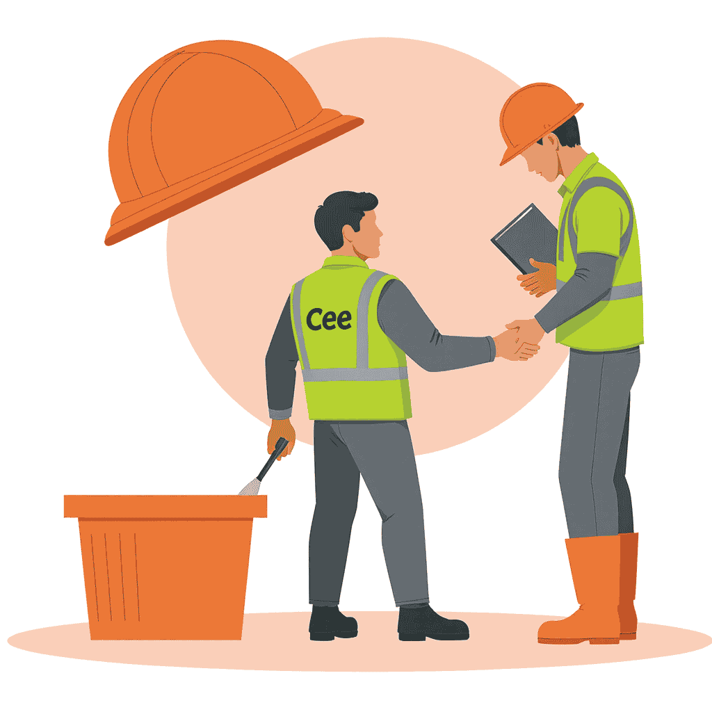 Deux travailleurs de construction se serrent la main.